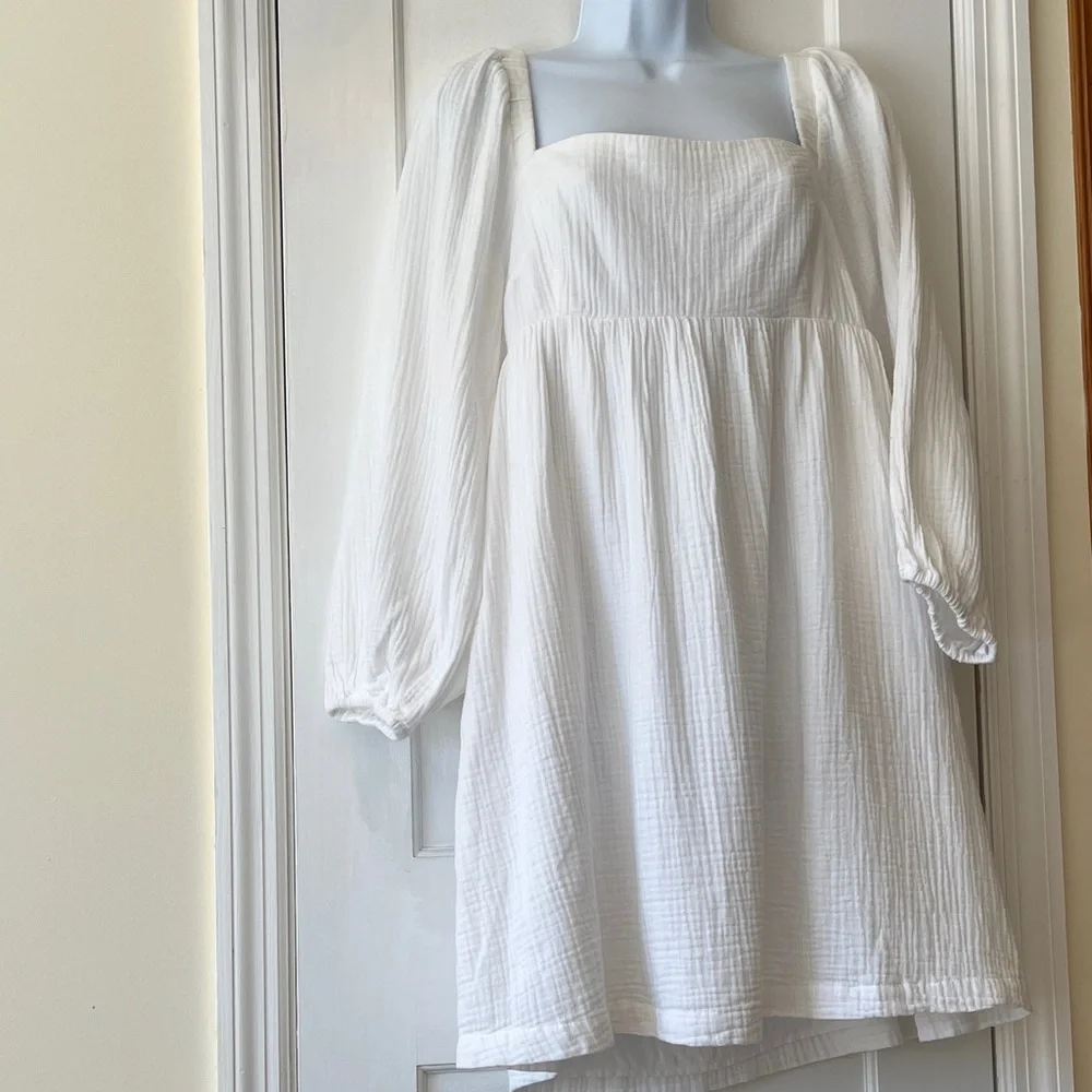 NWT J. Crew Cotton Long Sleeve Dress Women L White Pockets Cottage Babydoll Flaw